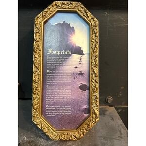 Vintage Burwood Footprints in the Sand Wall Plaque Gold Ornate Frame 2477-1 1980